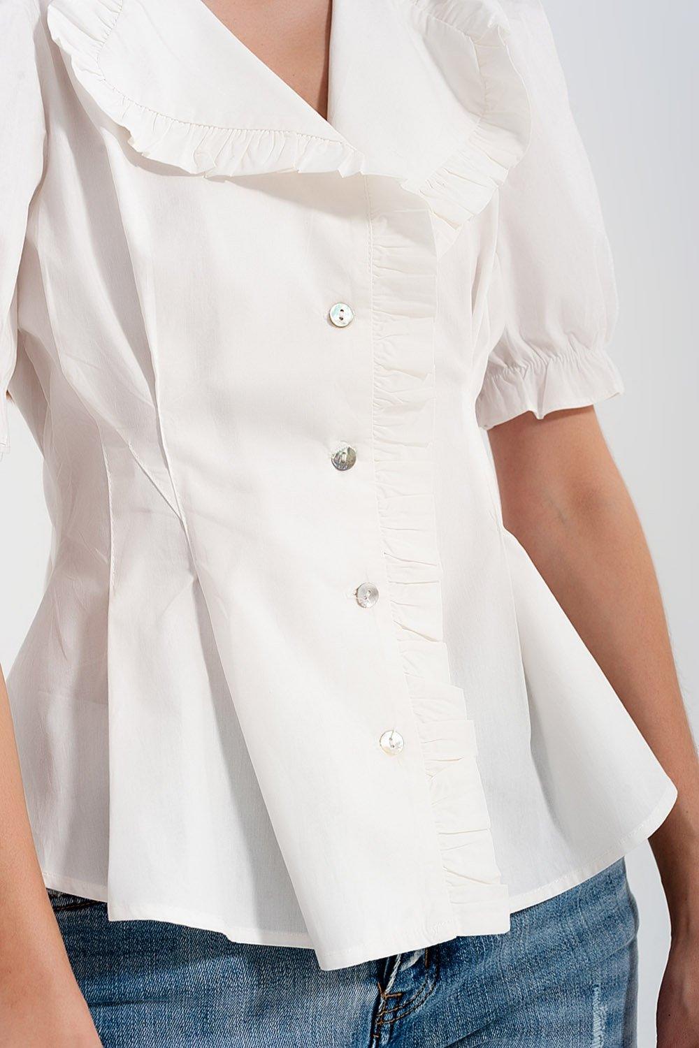 Poplin Frill Detail Wrap Blouse in Cream - PRAYANS