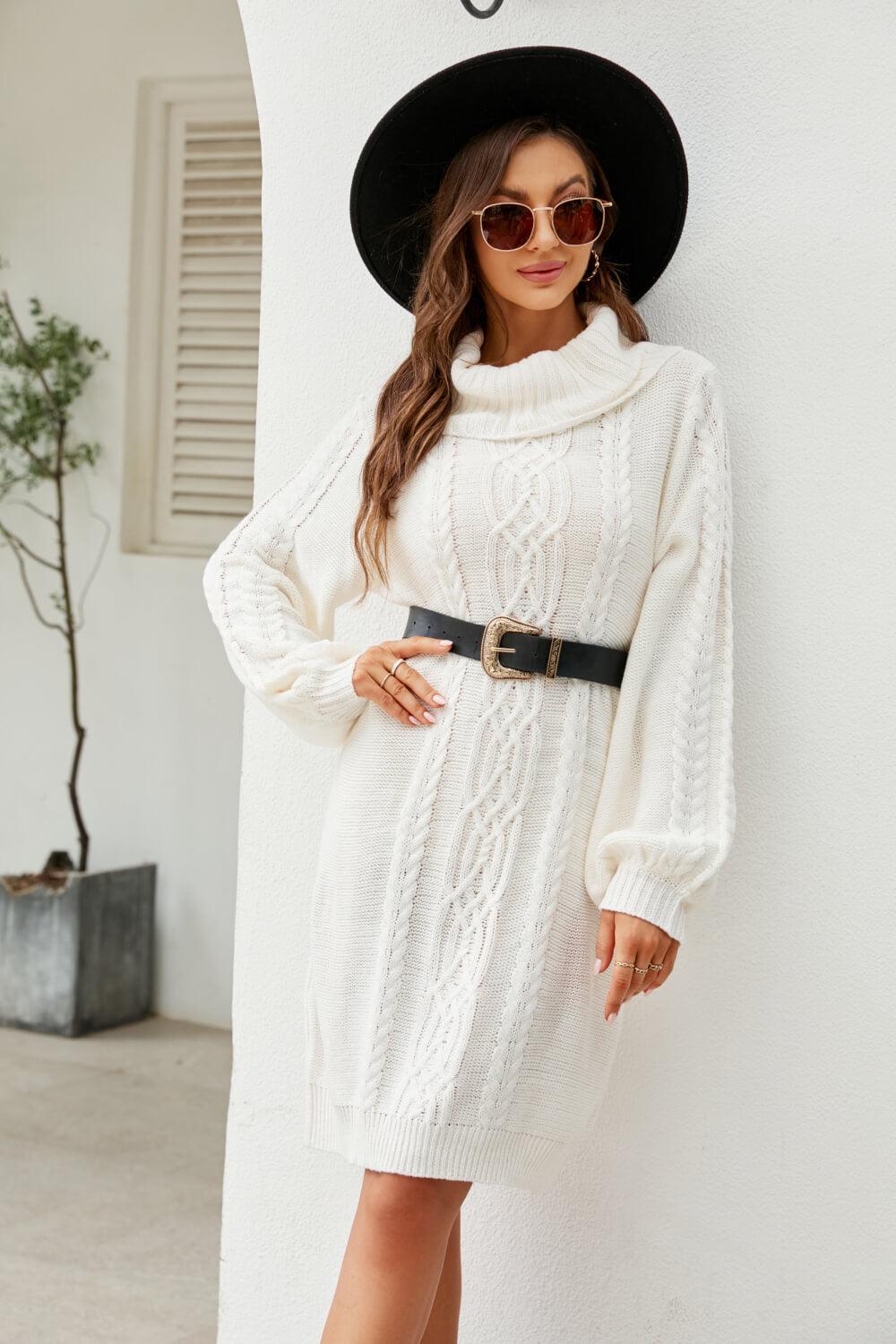 Mixed Knit Turtleneck Lantern Sleeve Sweater Dress - PRAYANS