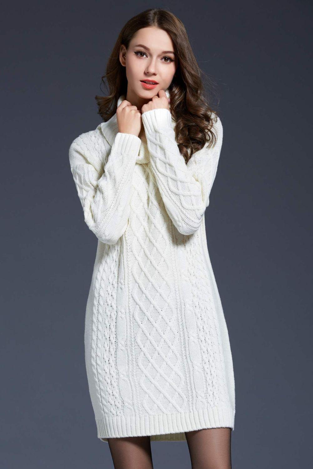 Full Size Mixed Knit Cowl Neck Dropped Shoulder Sweater Dress - PRAYANS