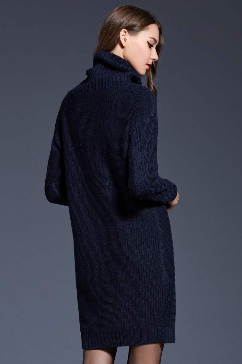 Full Size Mixed Knit Cowl Neck Dropped Shoulder Sweater Dress - PRAYANS