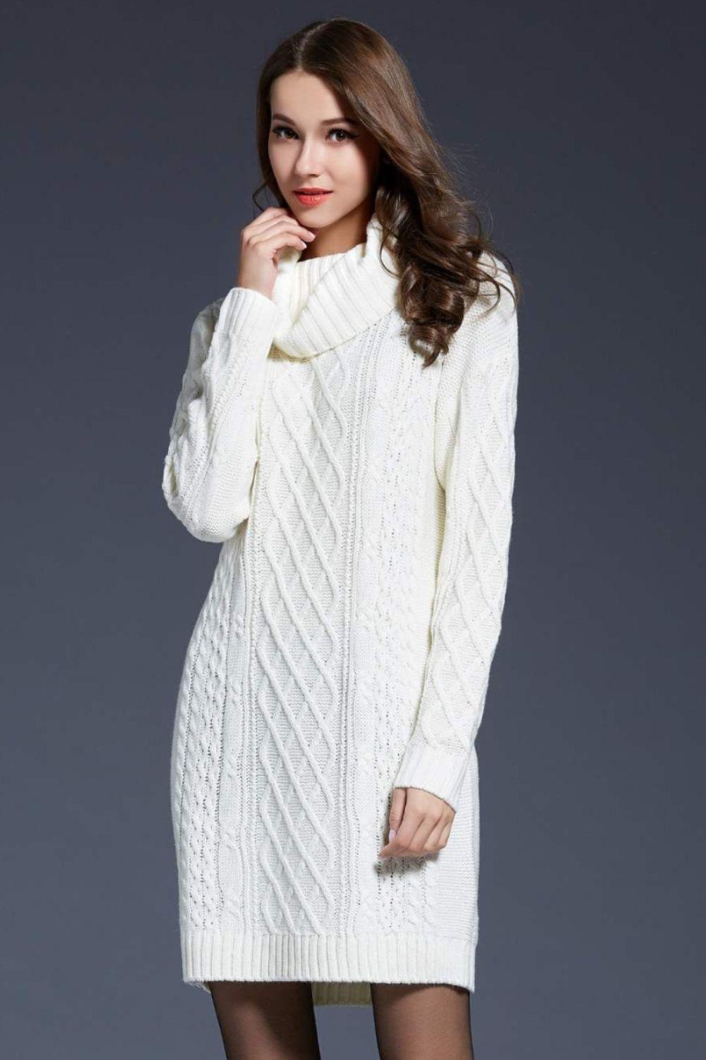 Full Size Mixed Knit Cowl Neck Dropped Shoulder Sweater Dress - PRAYANS