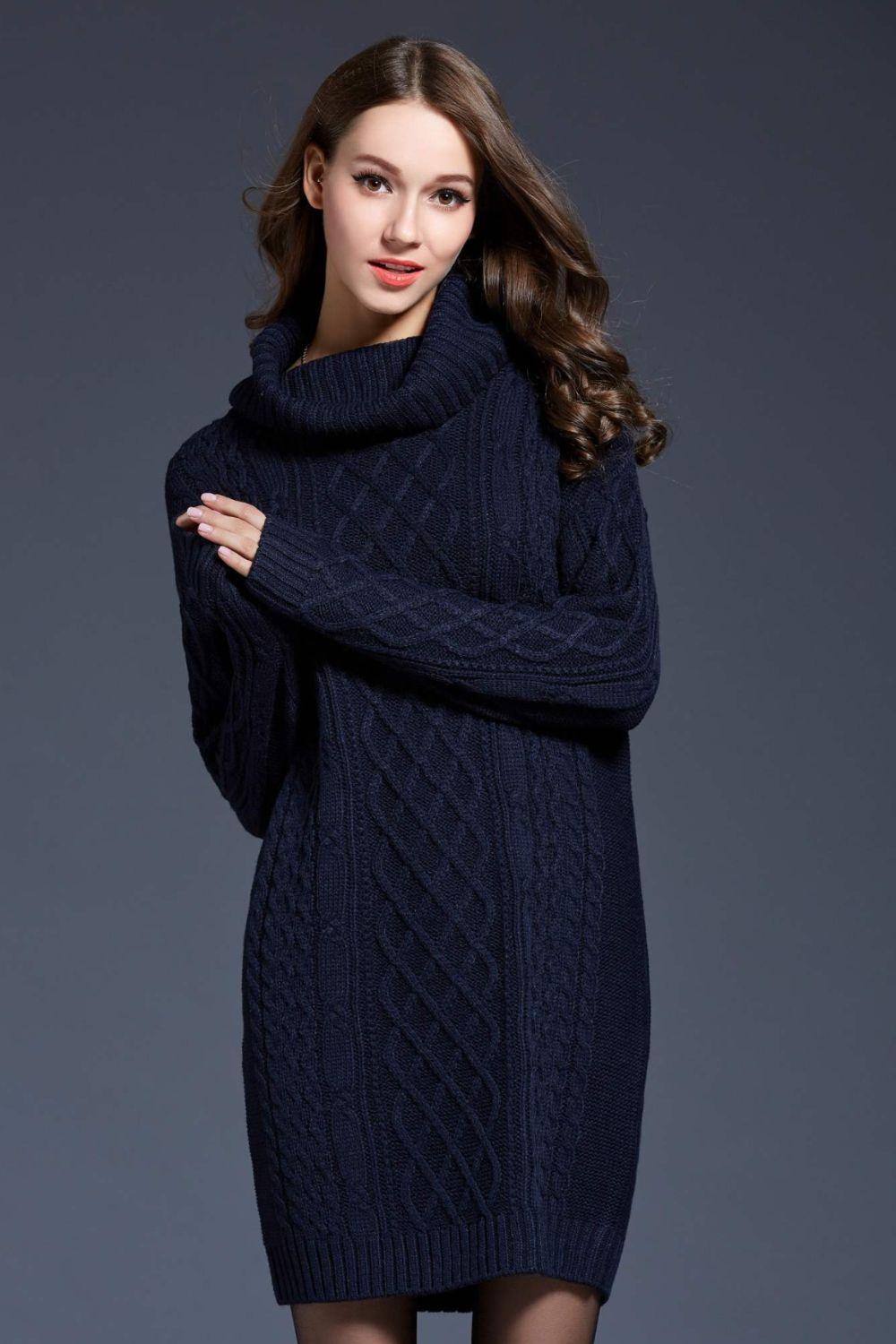 Full Size Mixed Knit Cowl Neck Dropped Shoulder Sweater Dress - PRAYANS