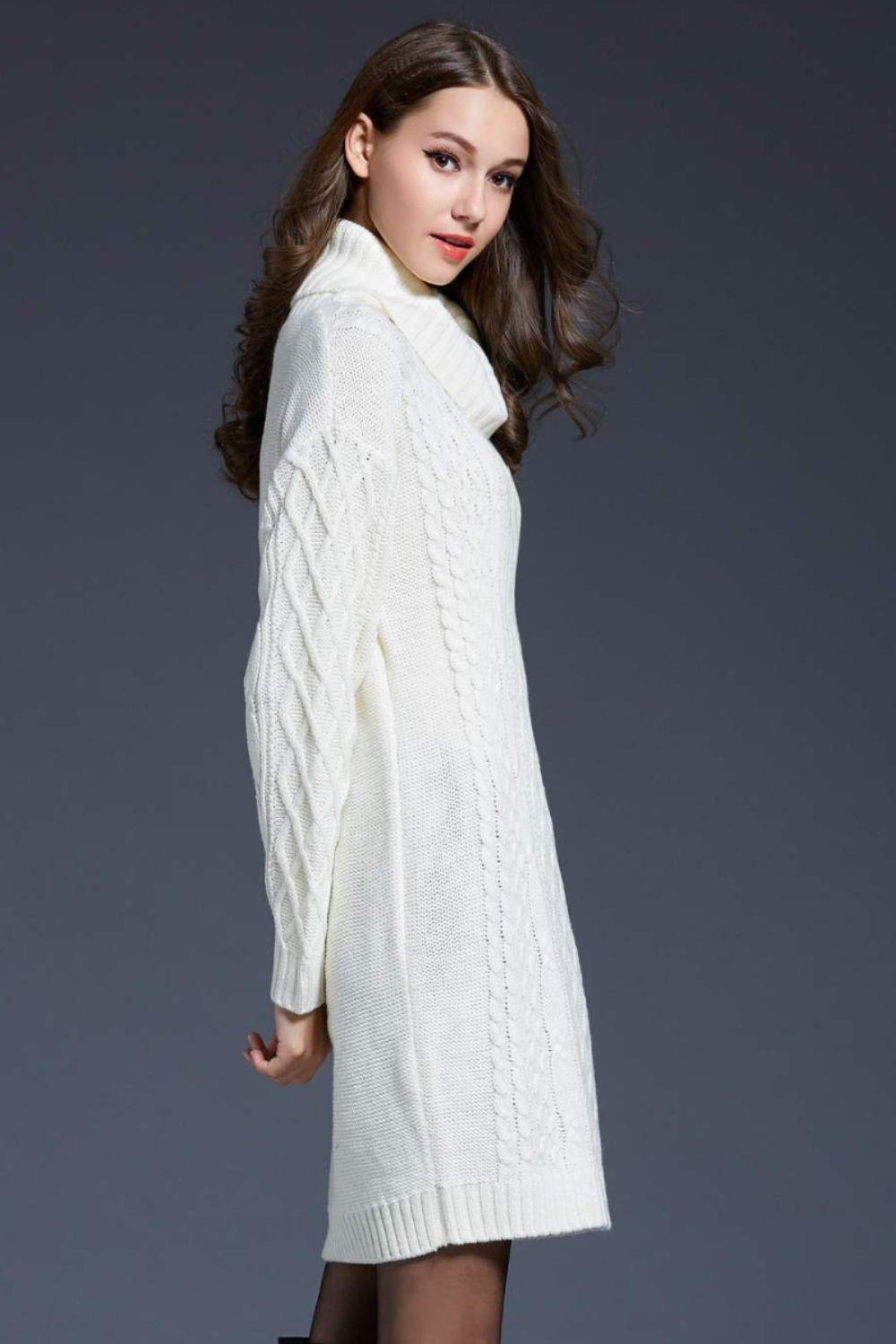 Full Size Mixed Knit Cowl Neck Dropped Shoulder Sweater Dress - PRAYANS