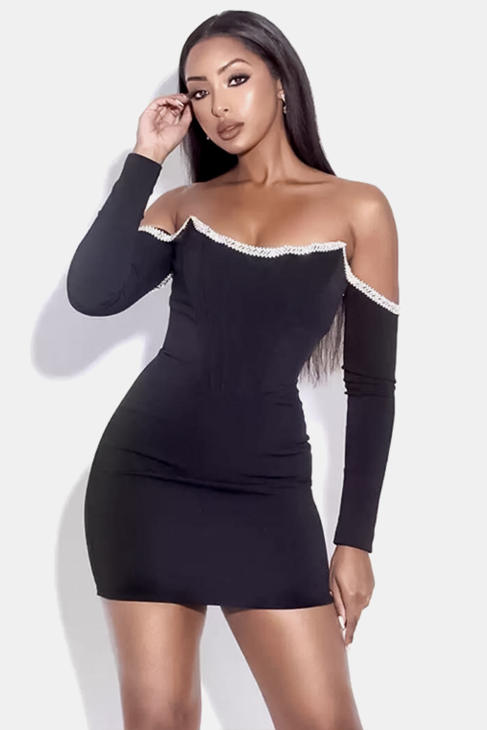 Rhinestone Trim Off-Shoulder Bandage Dress Rhinestone Trim Off-Shoulder Bandage Dress