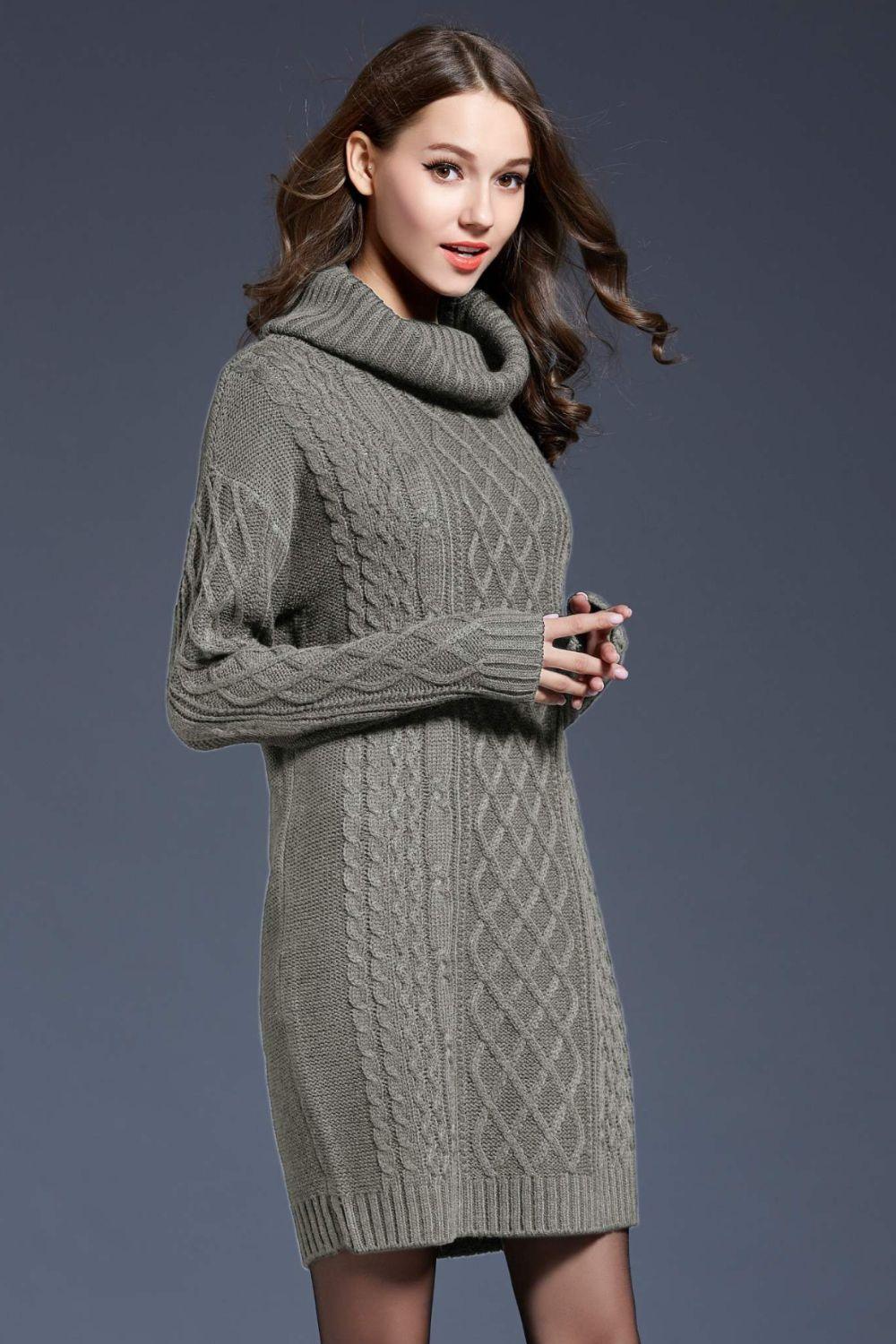 Full Size Mixed Knit Cowl Neck Dropped Shoulder Sweater Dress - PRAYANS