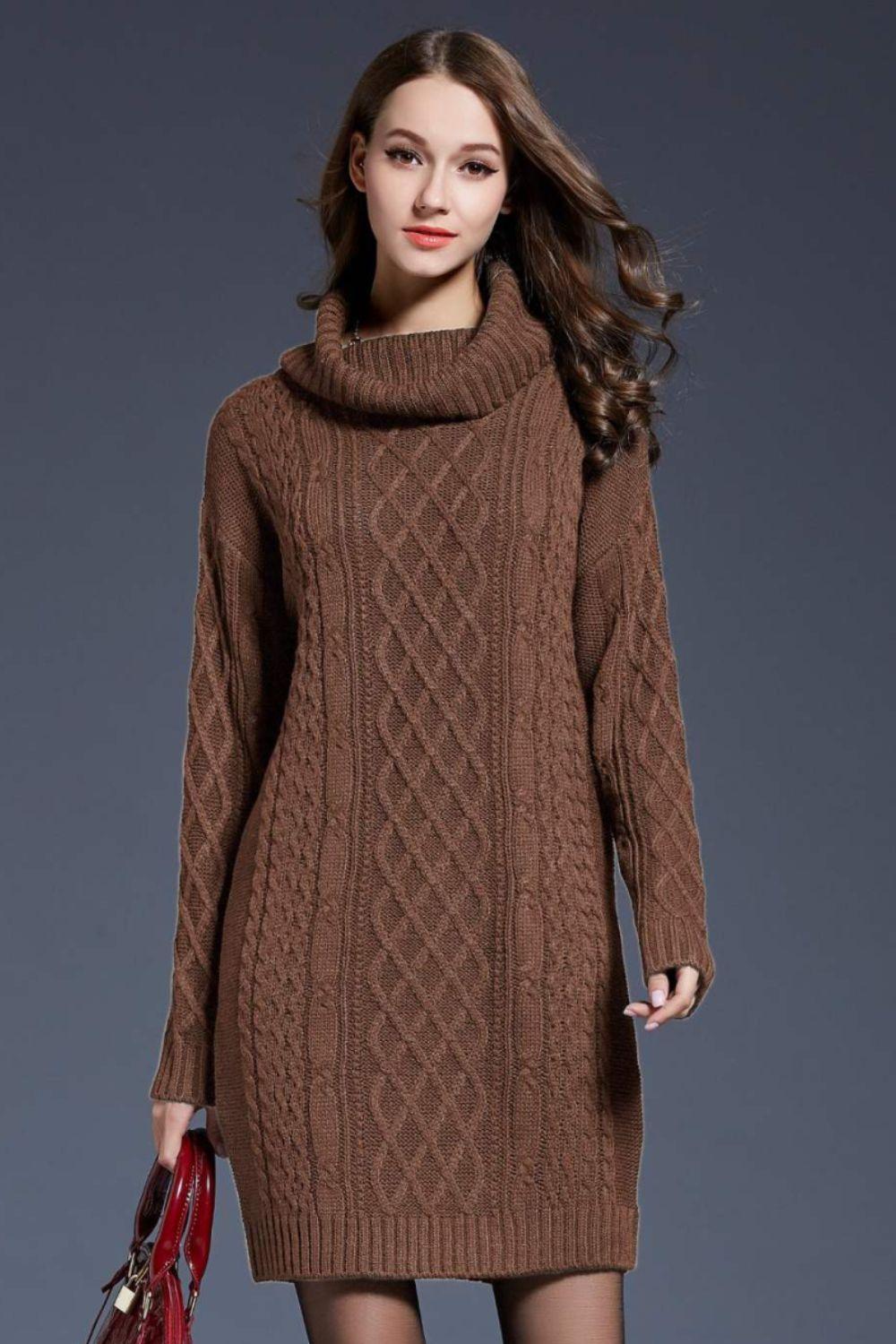 Full Size Mixed Knit Cowl Neck Dropped Shoulder Sweater Dress - PRAYANS