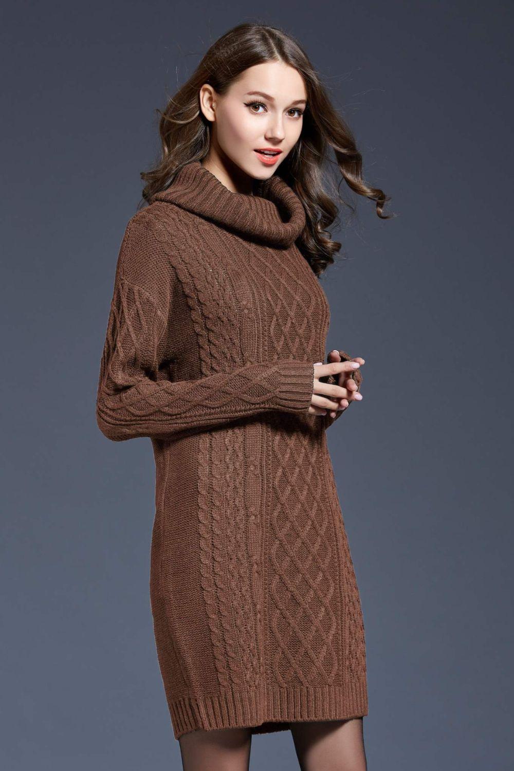 Full Size Mixed Knit Cowl Neck Dropped Shoulder Sweater Dress - PRAYANS