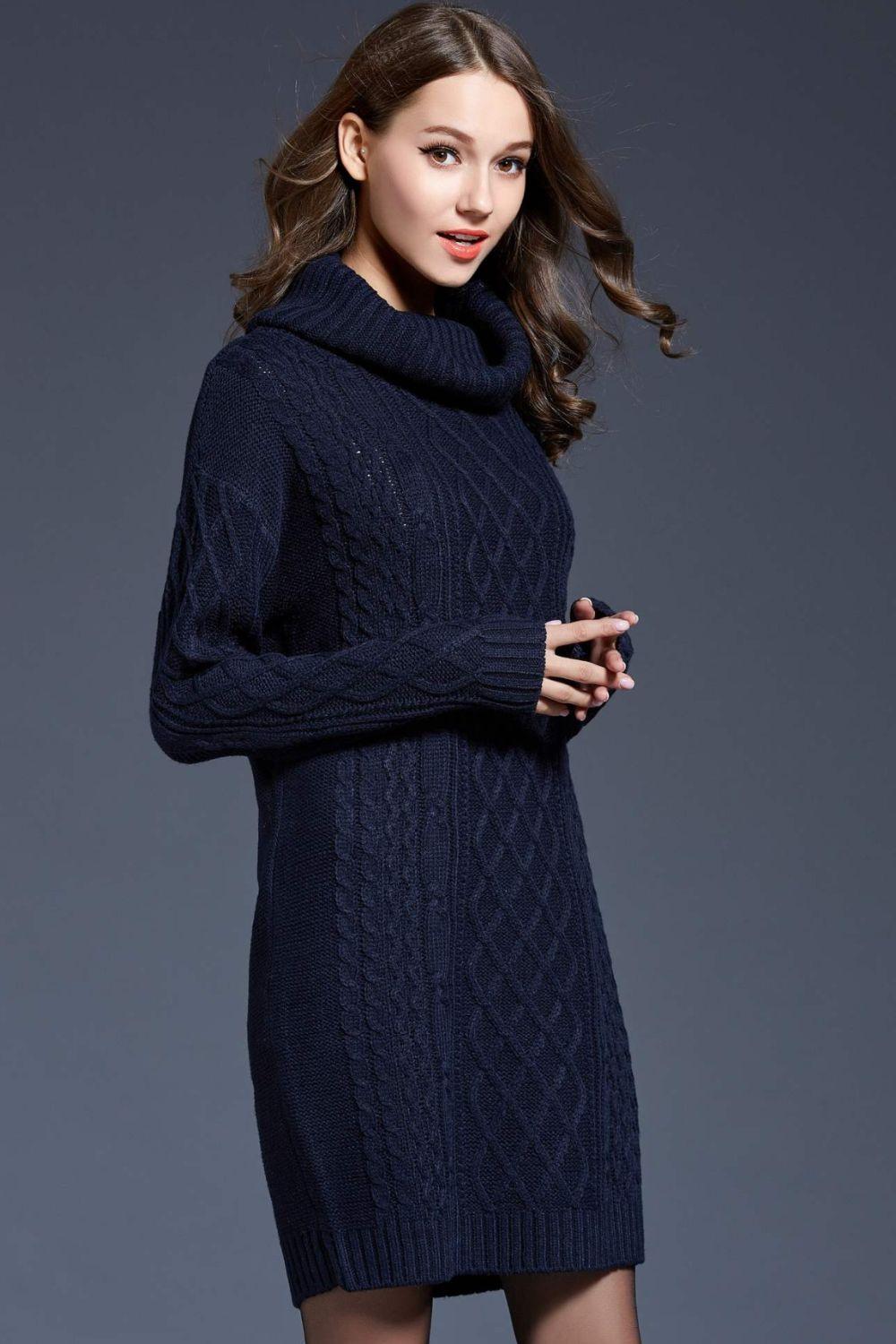 Full Size Mixed Knit Cowl Neck Dropped Shoulder Sweater Dress - PRAYANS