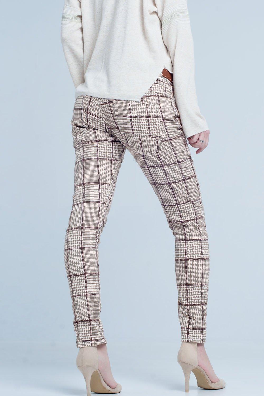 Pants in Beige Check With Button - PRAYANS