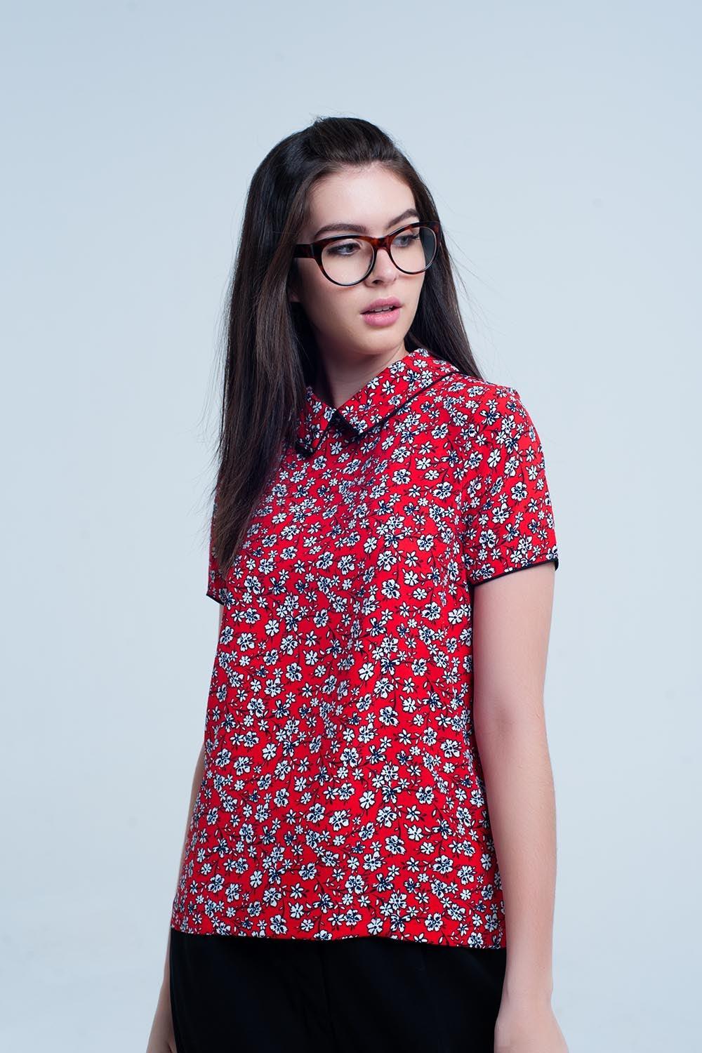 Red Shirt With White Flowers Print - PRAYANS