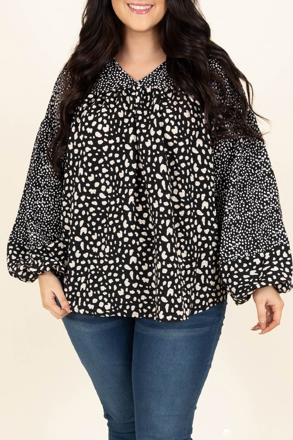 Plus Size Animal Print Balloon Sleeve Blouse - PRAYANS