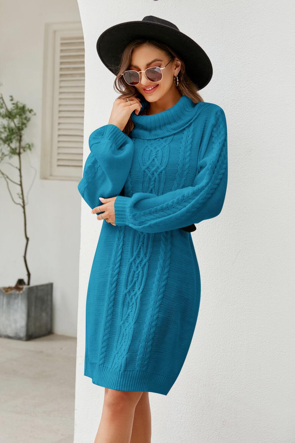 Mixed Knit Turtleneck Lantern Sleeve Sweater Dress - PRAYANS