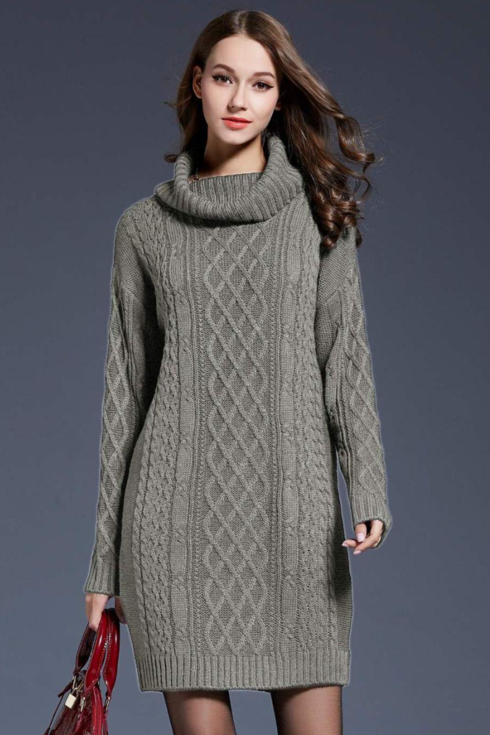 Full Size Mixed Knit Cowl Neck Dropped Shoulder Sweater Dress - PRAYANS