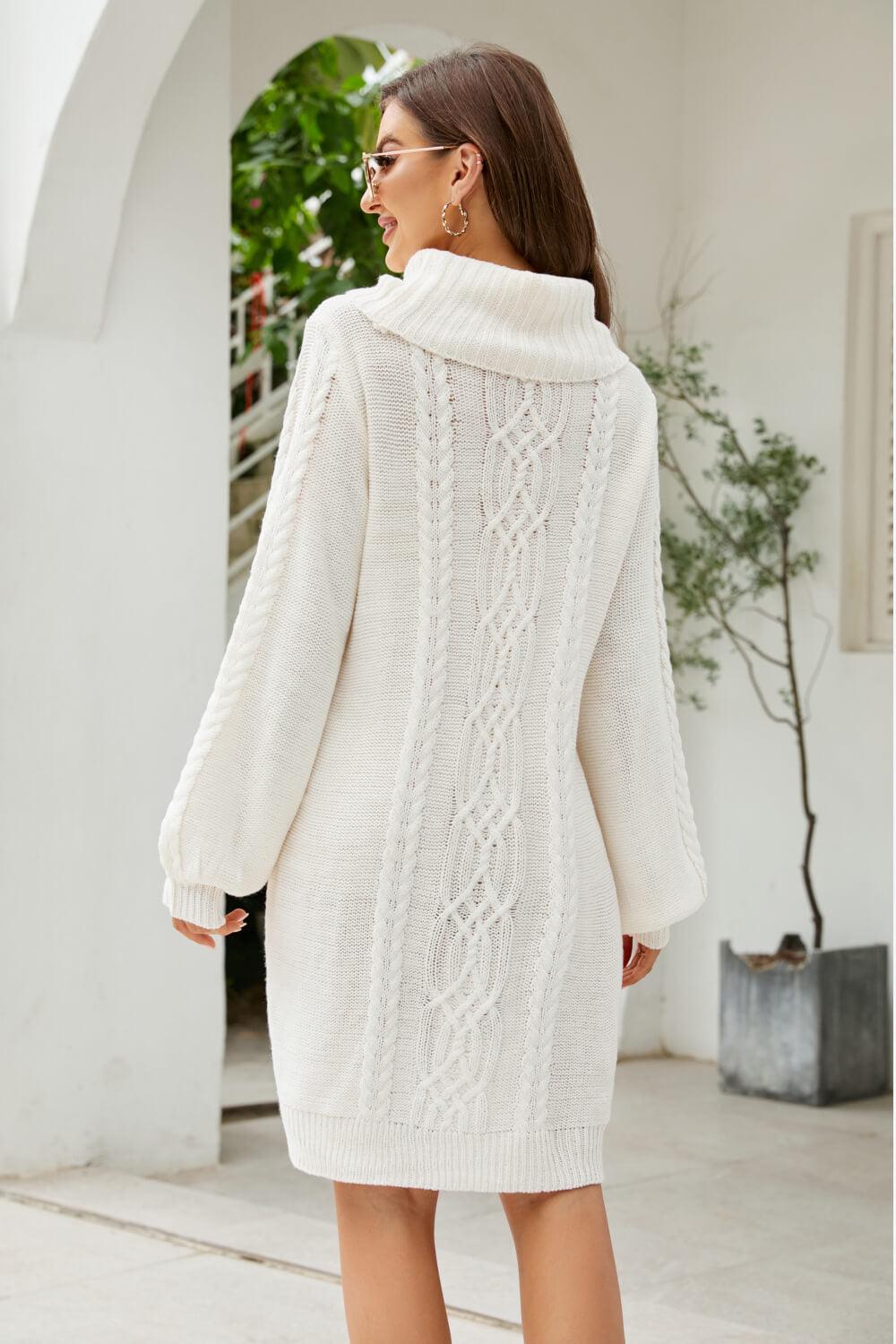 Mixed Knit Turtleneck Lantern Sleeve Sweater Dress - PRAYANS