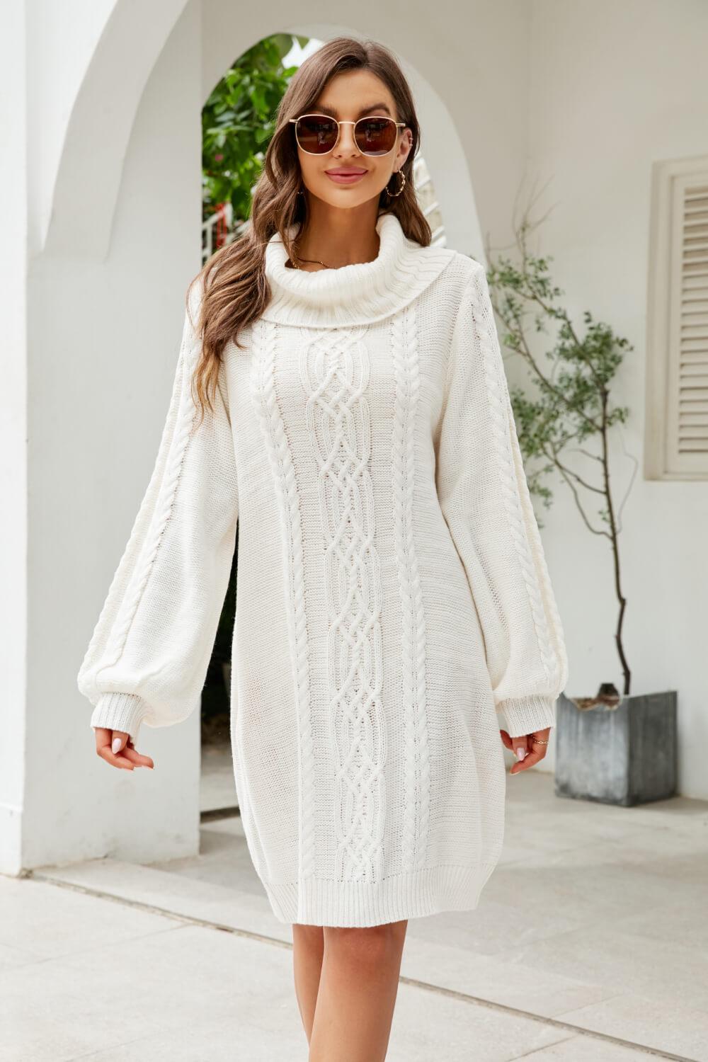 Mixed Knit Turtleneck Lantern Sleeve Sweater Dress - PRAYANS