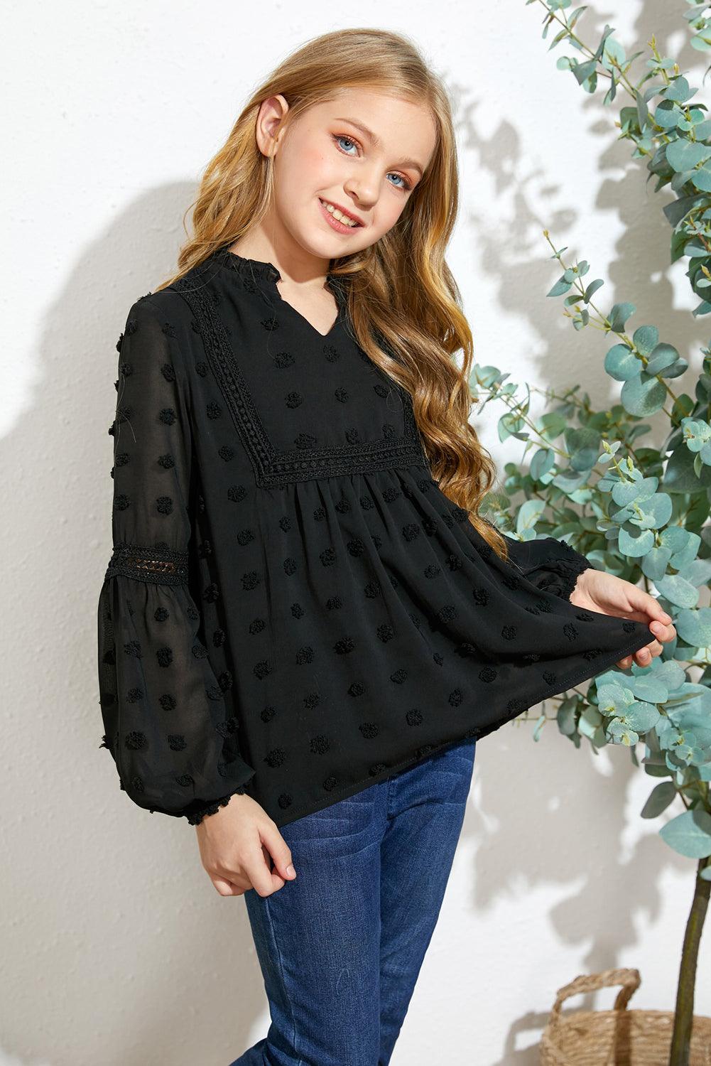 Girls Swiss Dot Spliced Lace Notched Blouse - PRAYANS