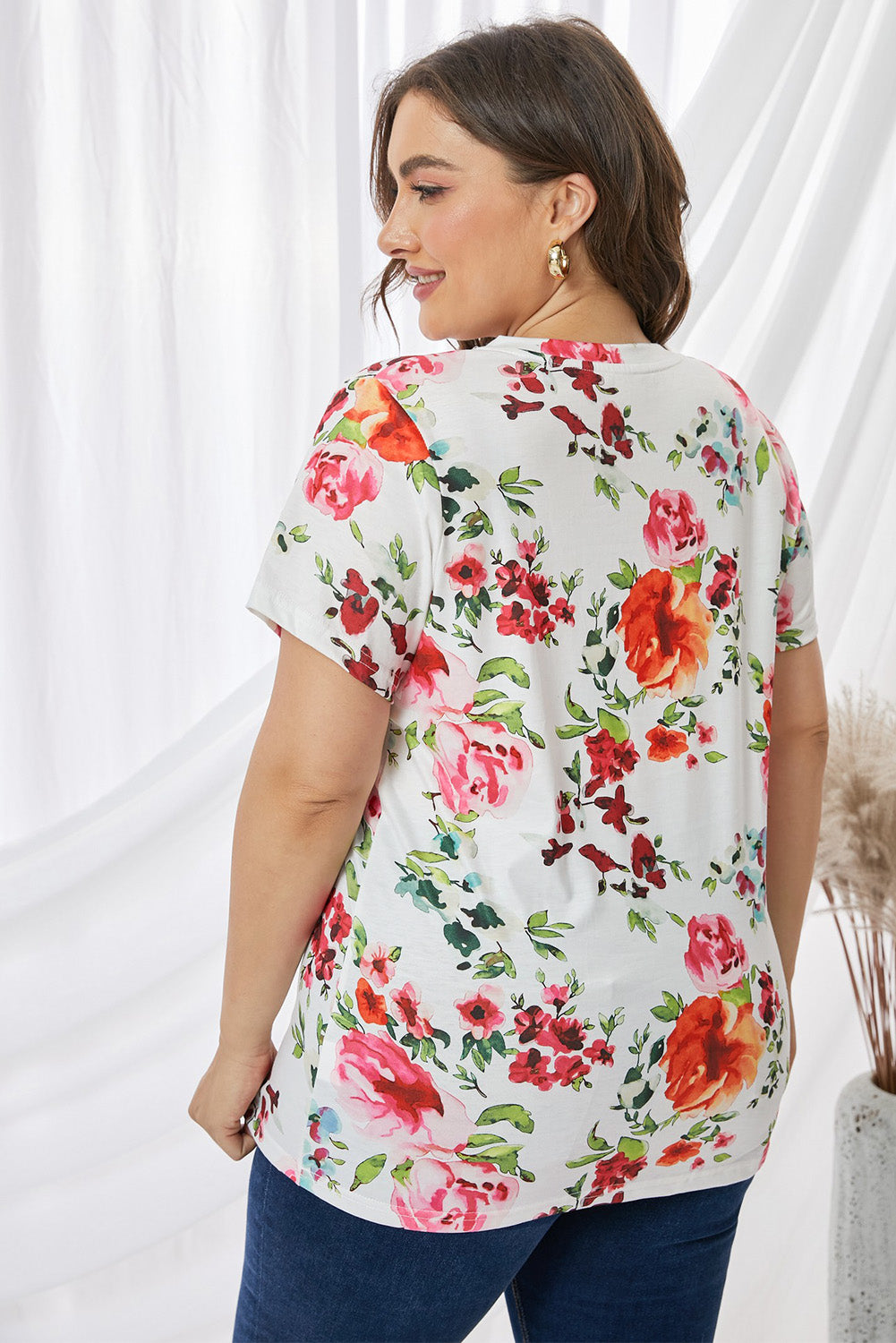 Plus Size Floral Print Sequin Pocket Tee - PRAYANS