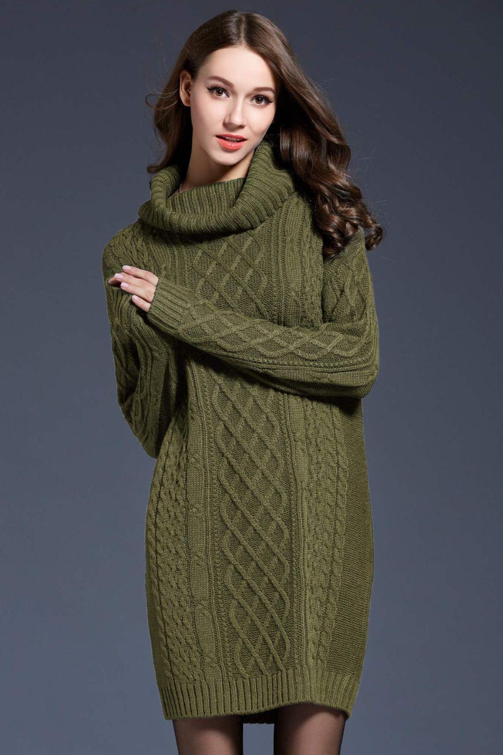 Full Size Mixed Knit Cowl Neck Dropped Shoulder Sweater Dress - PRAYANS