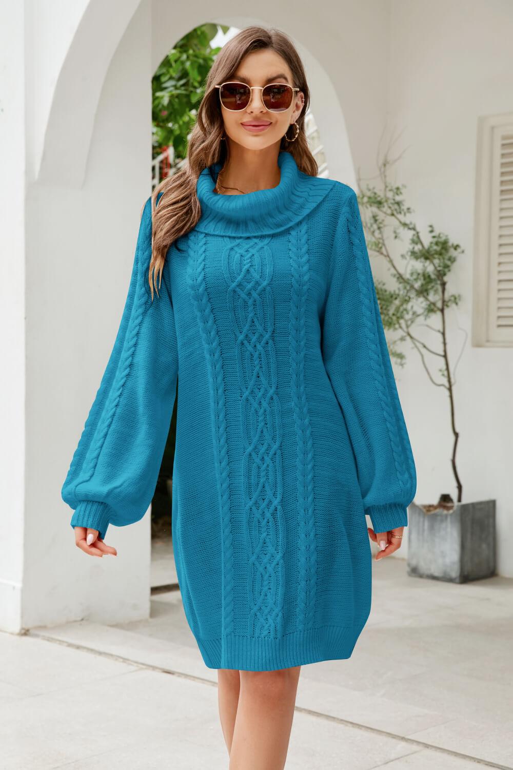 Mixed Knit Turtleneck Lantern Sleeve Sweater Dress - PRAYANS