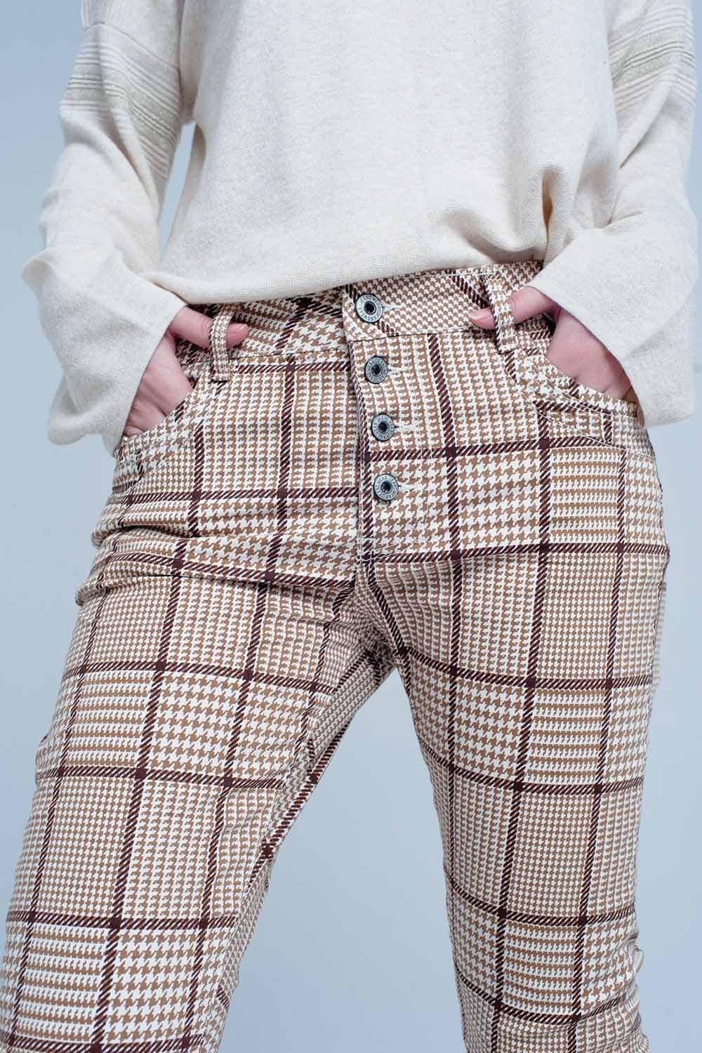 Pants in Beige Check With Button - PRAYANS
