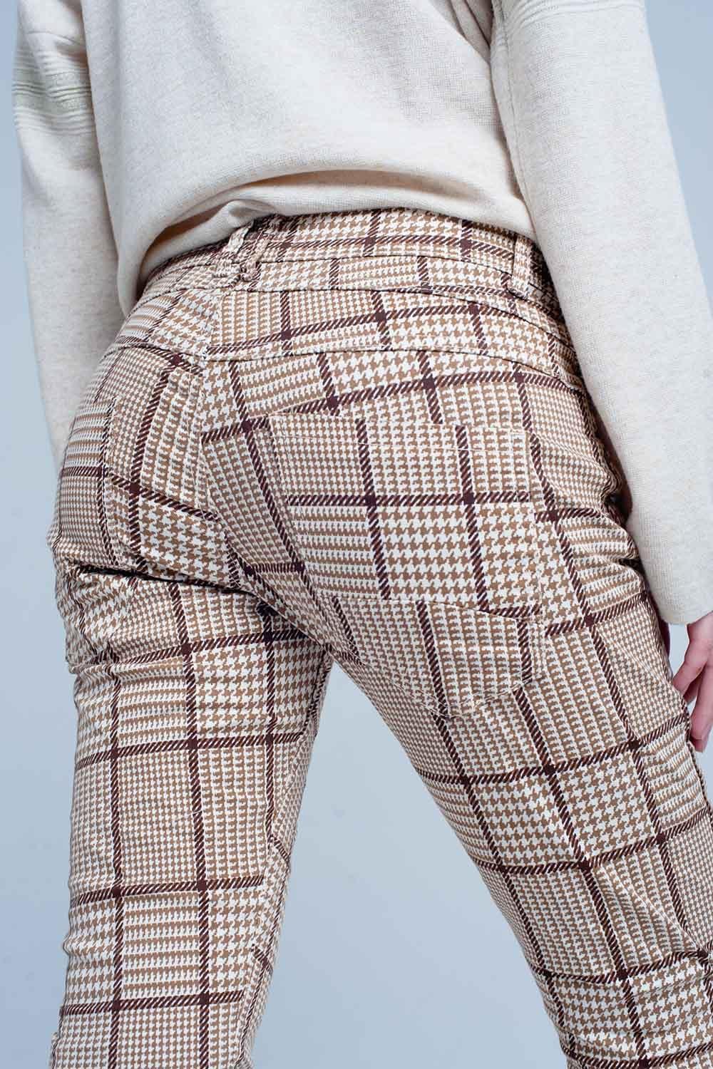 Pants in Beige Check With Button - PRAYANS