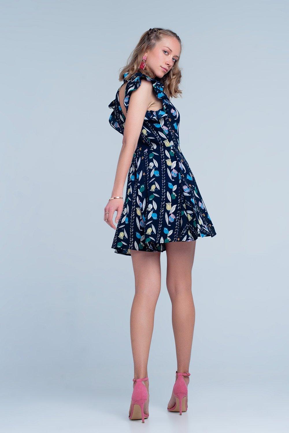 Navy Flower Printed Jumpsuit - PRAYANS
