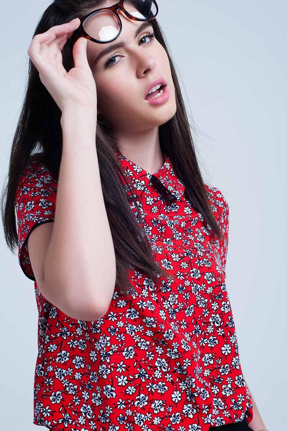 Red Shirt With White Flowers Print - PRAYANS