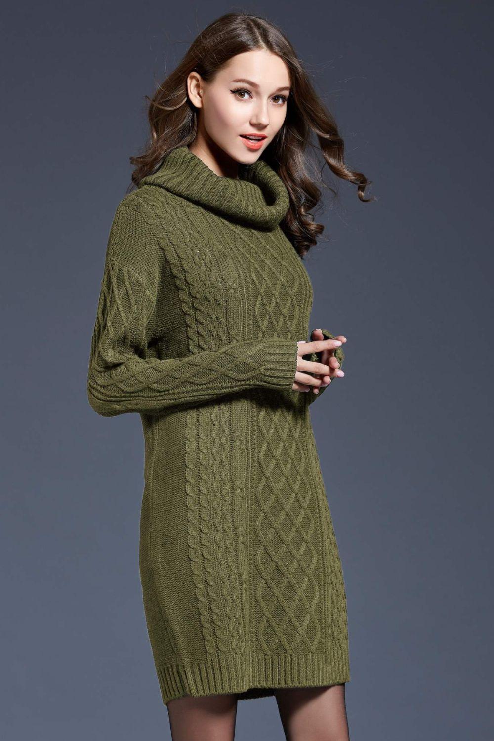 Full Size Mixed Knit Cowl Neck Dropped Shoulder Sweater Dress - PRAYANS