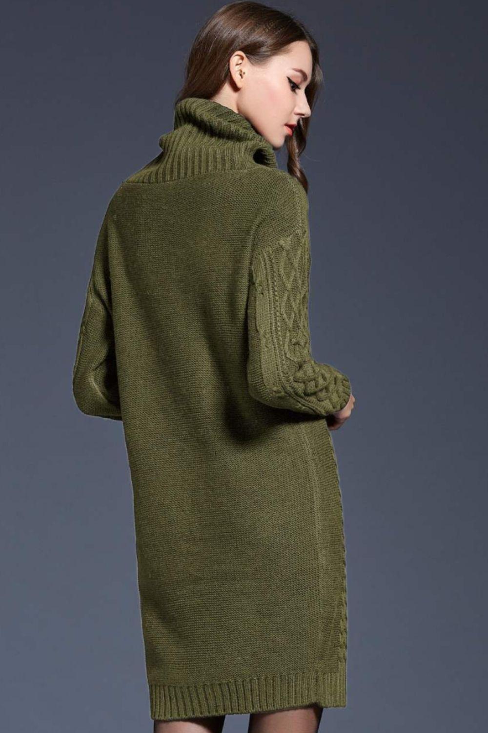 Full Size Mixed Knit Cowl Neck Dropped Shoulder Sweater Dress - PRAYANS