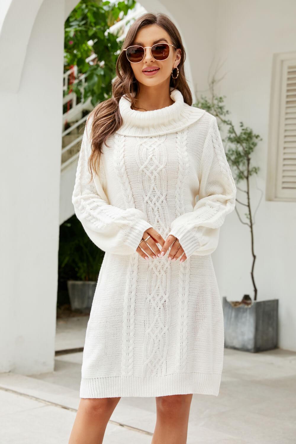 Mixed Knit Turtleneck Lantern Sleeve Sweater Dress - PRAYANS