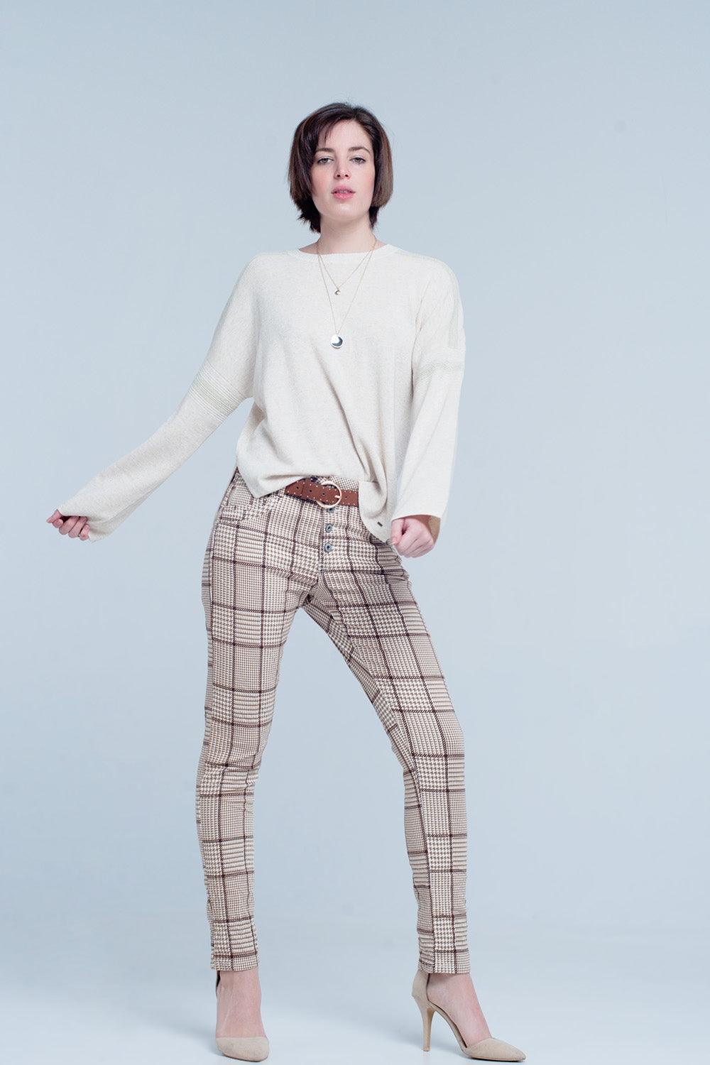 Pants in Beige Check With Button - PRAYANS