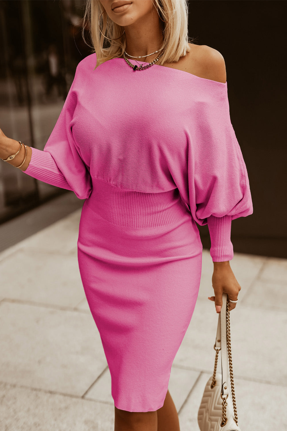 Boat Neck Lantern Sleeve Sweater Dress - PRAYANS