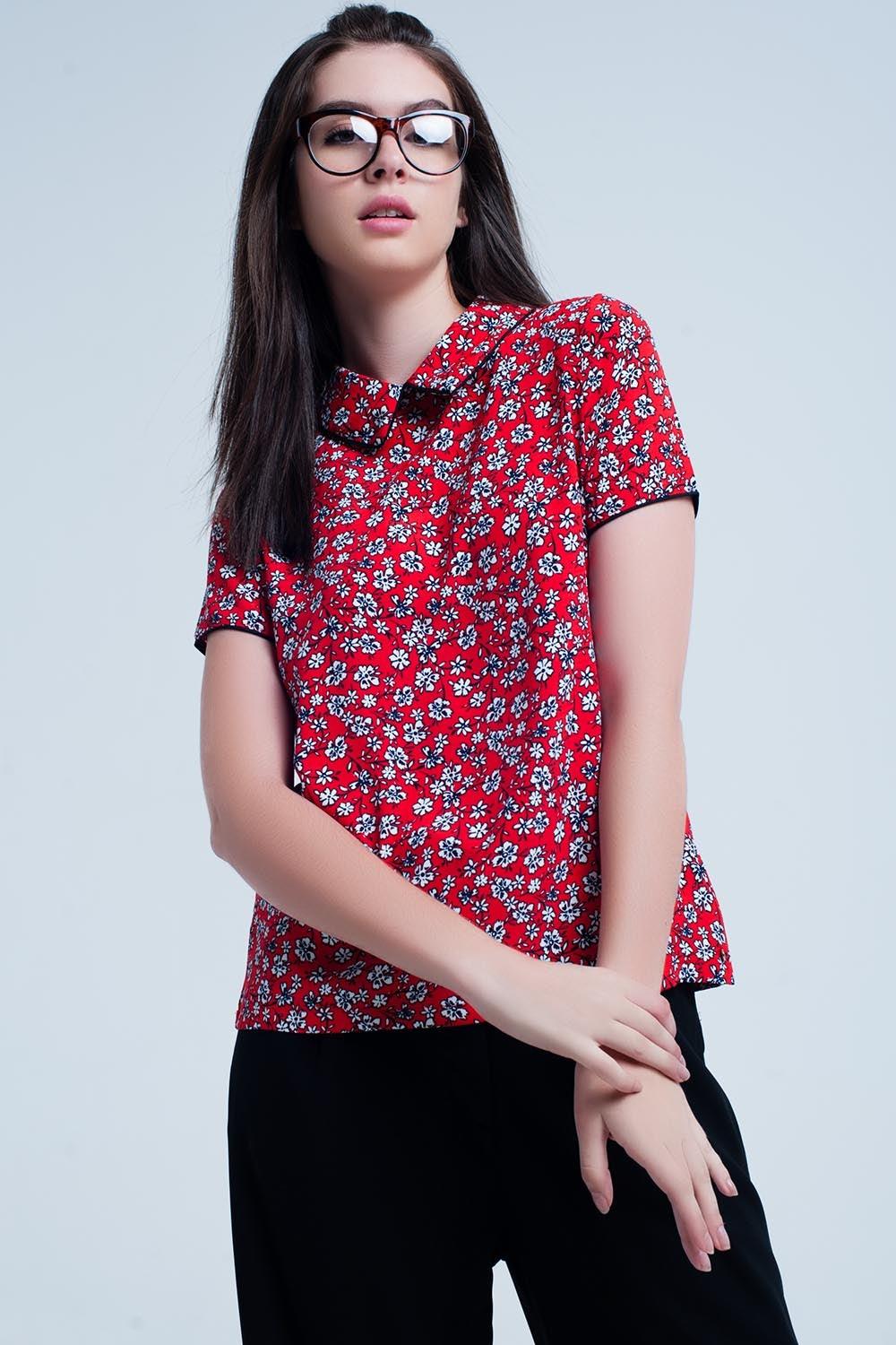 Red Shirt With White Flowers Print - PRAYANS