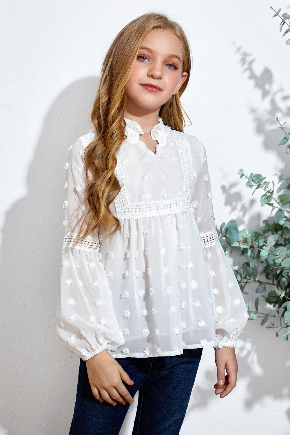 Girls Swiss Dot Spliced Lace Notched Blouse - PRAYANS