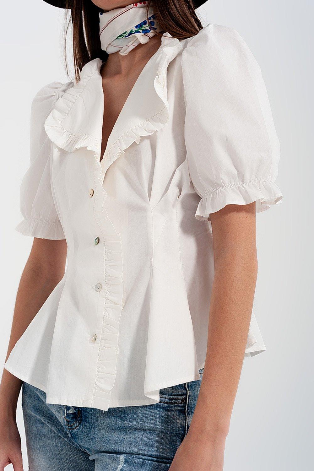 Poplin Frill Detail Wrap Blouse in Cream - PRAYANS
