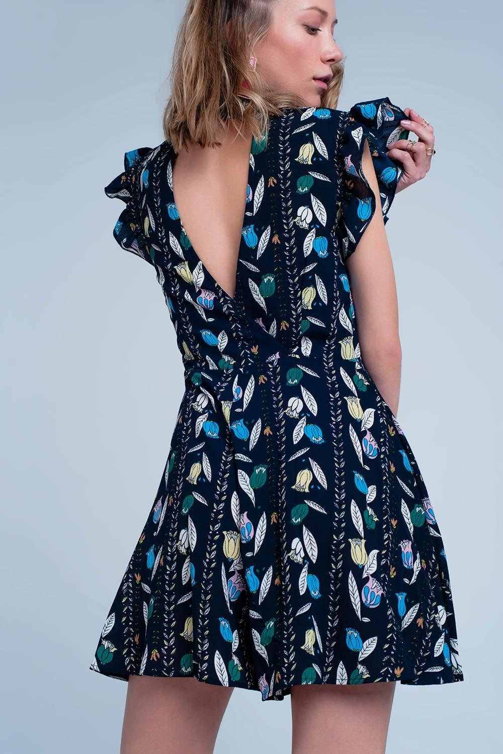 Navy Flower Printed Jumpsuit - PRAYANS