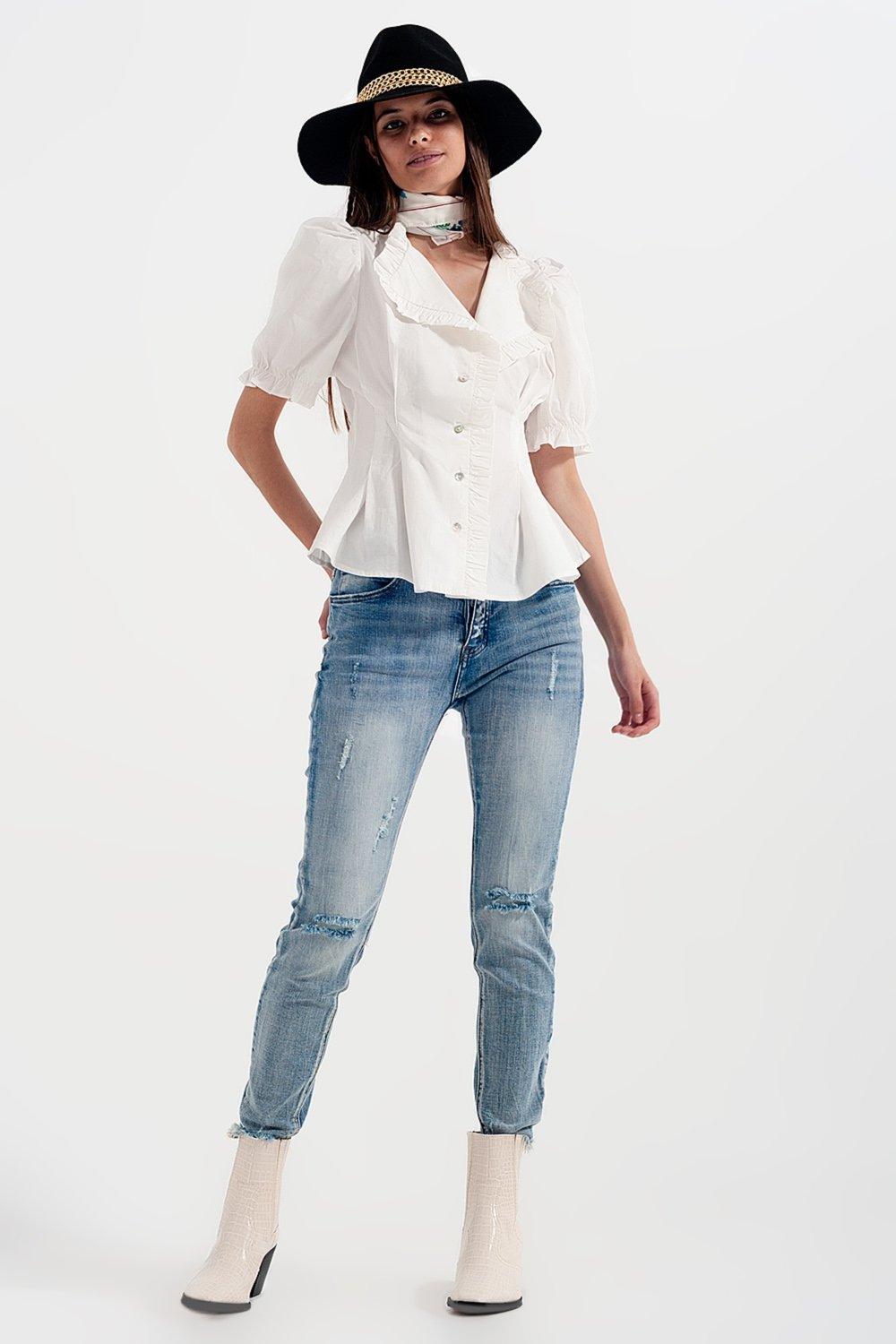 Poplin Frill Detail Wrap Blouse in Cream - PRAYANS