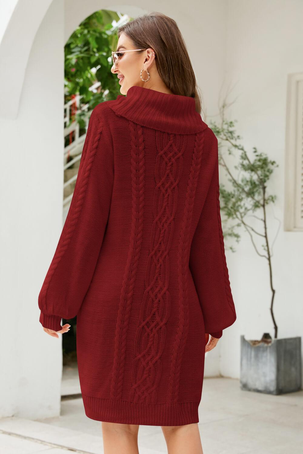 Mixed Knit Turtleneck Lantern Sleeve Sweater Dress - PRAYANS