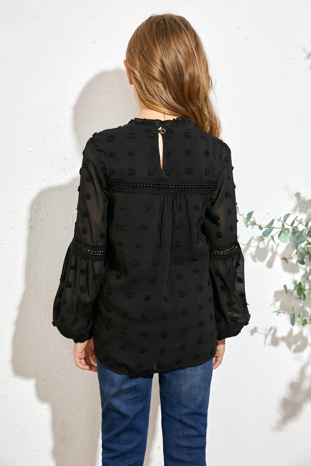 Girls Swiss Dot Spliced Lace Notched Blouse - PRAYANS