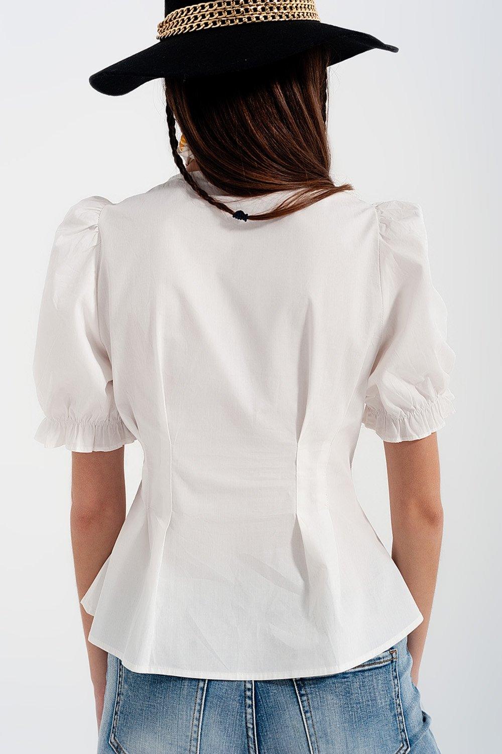 Poplin Frill Detail Wrap Blouse in Cream - PRAYANS