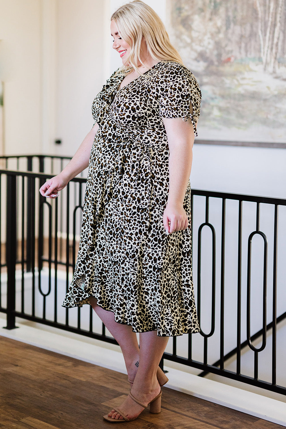 Plus Size Leopard Print Ruffled Midi Dress - PRAYANS