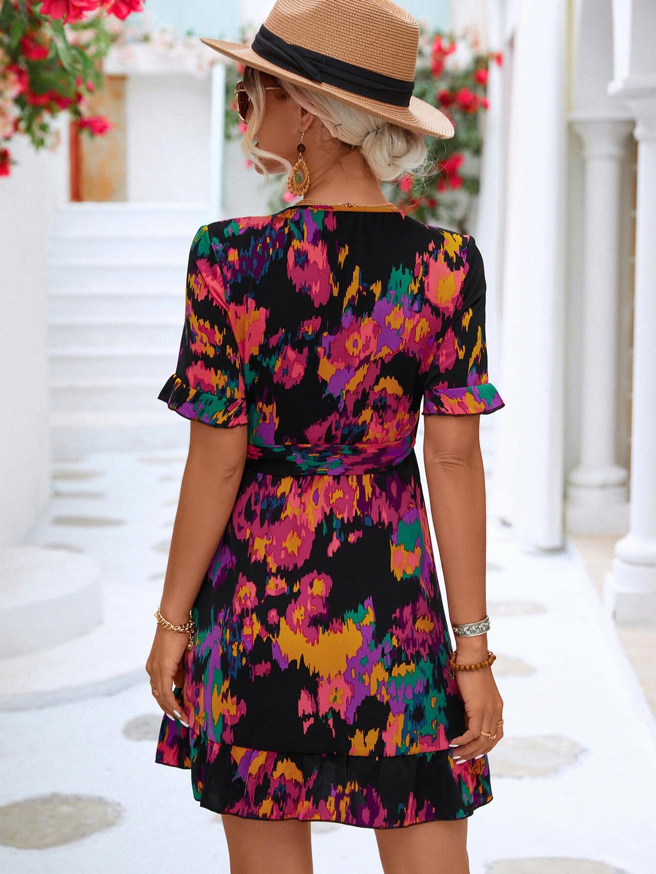 Printed Flounce Sleeve Tied Dress - PRAYANS