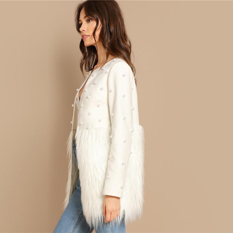 Solid Pearl Embellished Faux Fur Round Neck Jacket - PRAYANS