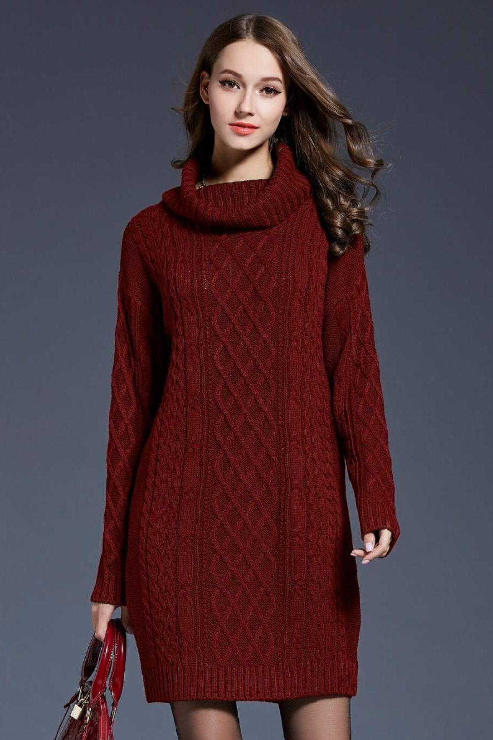 Full Size Mixed Knit Cowl Neck Dropped Shoulder Sweater Dress - PRAYANS