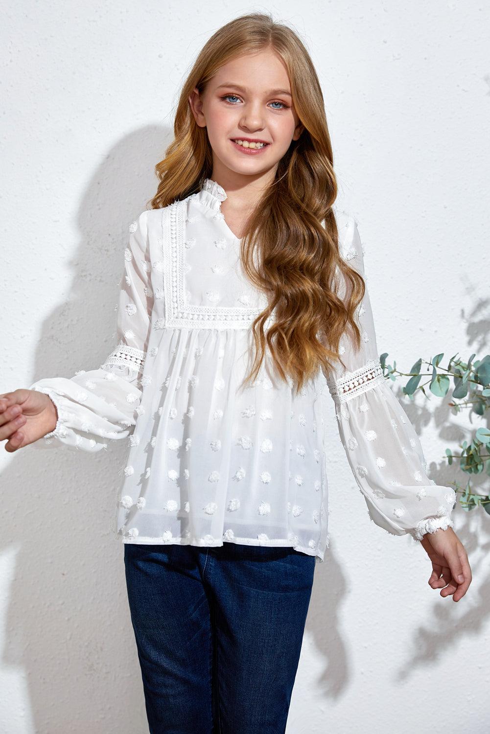 Girls Swiss Dot Spliced Lace Notched Blouse - PRAYANS