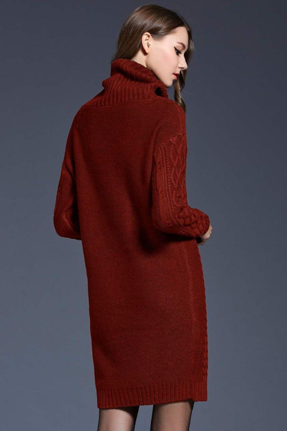 Full Size Mixed Knit Cowl Neck Dropped Shoulder Sweater Dress - PRAYANS