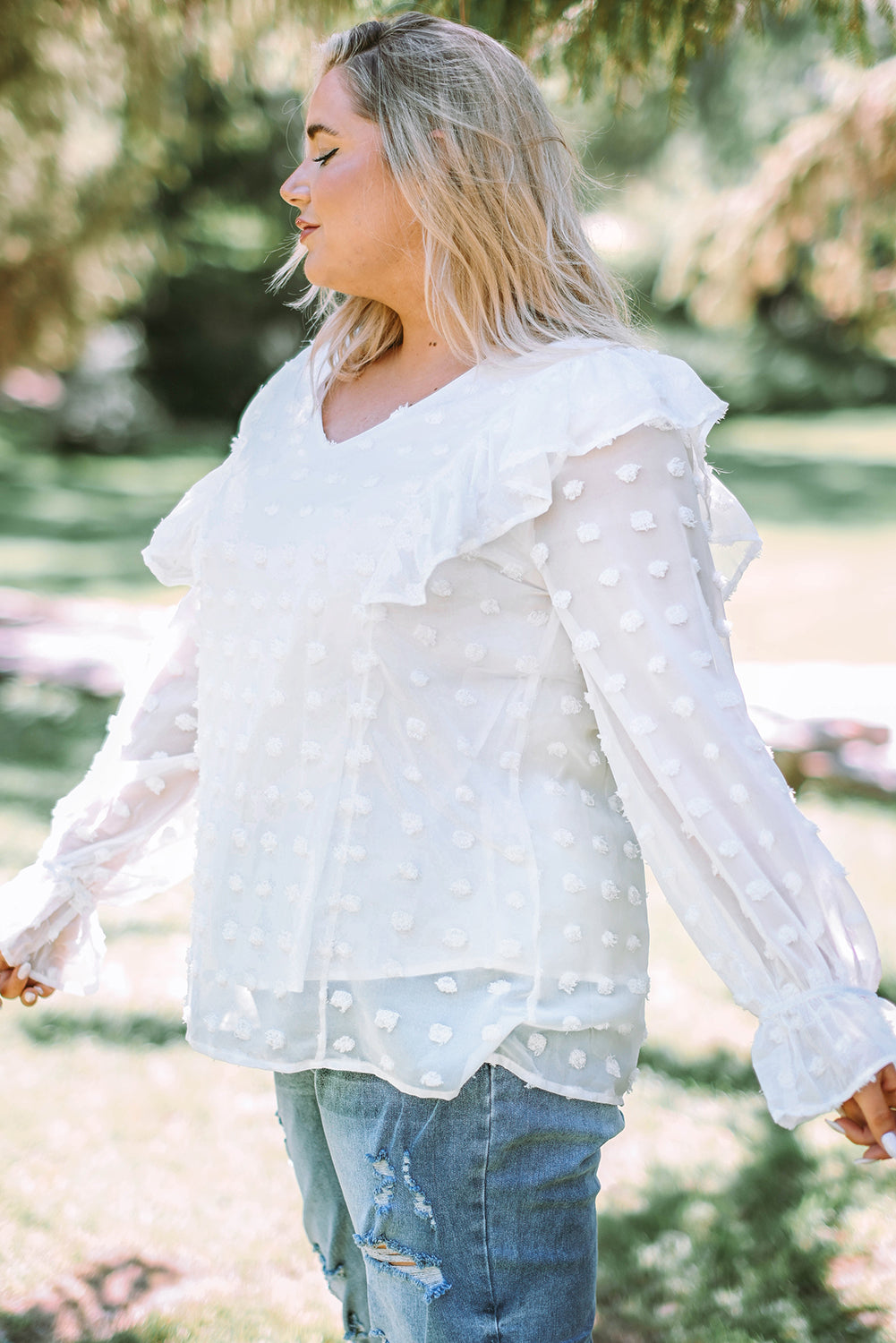Plus Size Swiss Dot Ruffled Blouse - PRAYANS