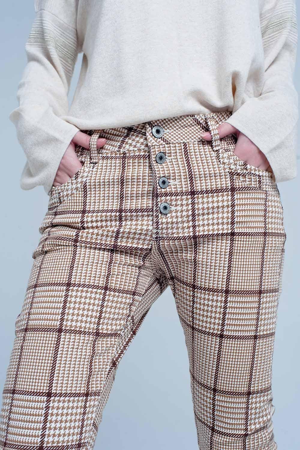 Pants in Beige Check With Button - PRAYANS