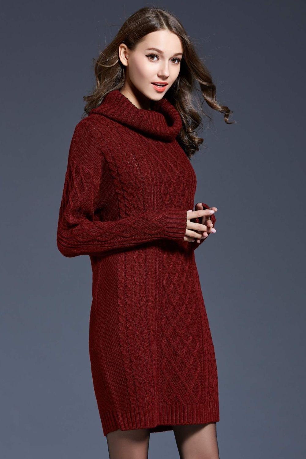 Full Size Mixed Knit Cowl Neck Dropped Shoulder Sweater Dress - PRAYANS
