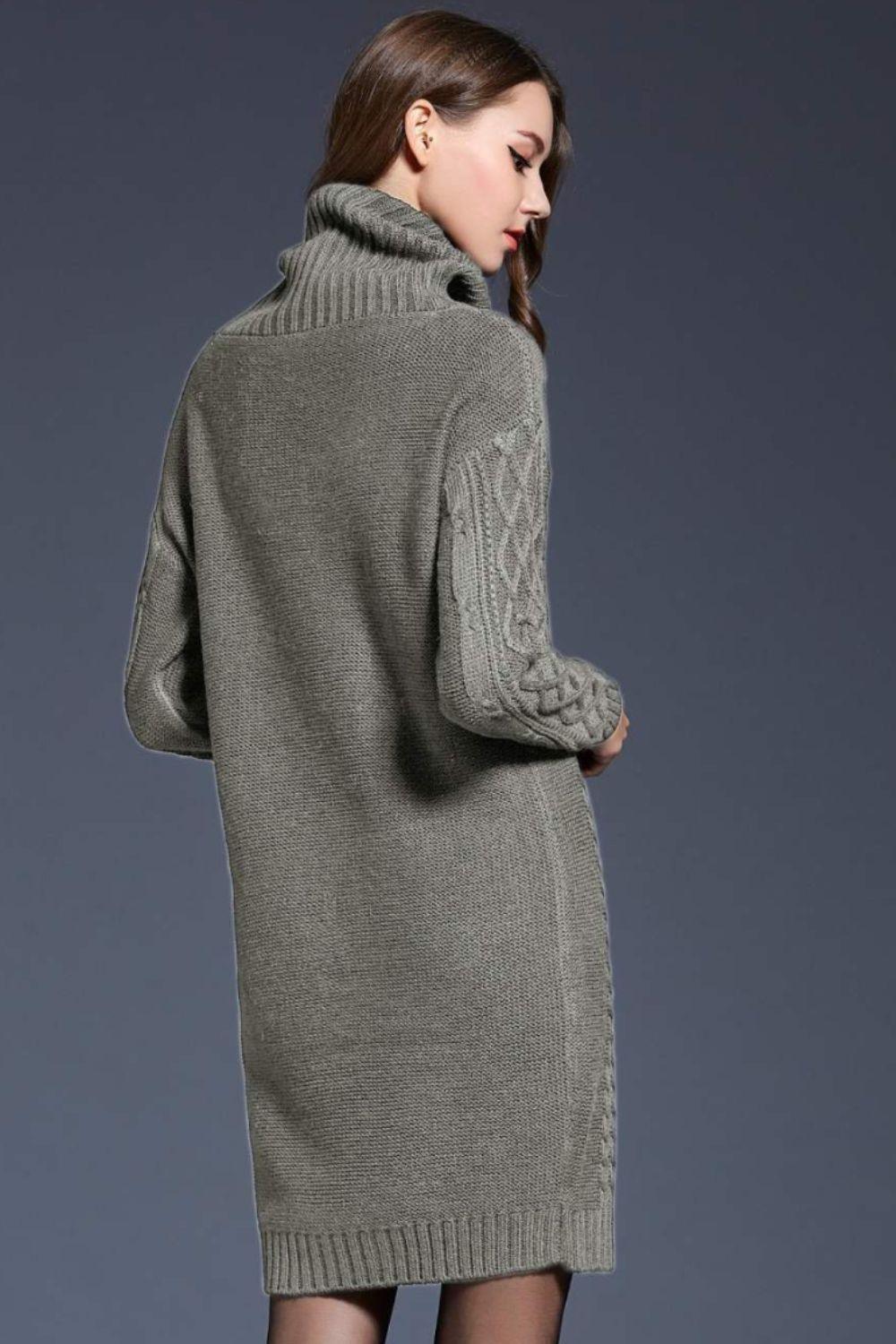 Full Size Mixed Knit Cowl Neck Dropped Shoulder Sweater Dress - PRAYANS